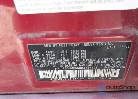 2011 Subaru Legacy 2.5I Premium z USA, uszkodzony, nr VIN 4S3BMCG68B3257496